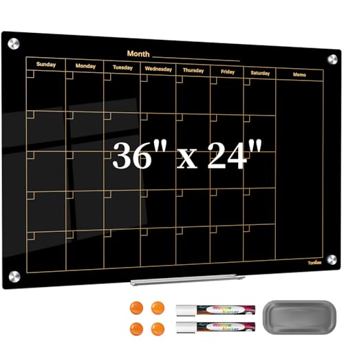 Calendar Whiteboard for Wall 36x24 Black Magnetic Glass Dry Erase Board