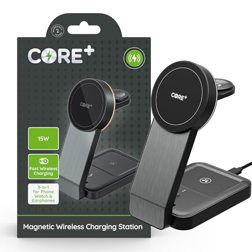 Station de charge magnétique sans fil 3 en 1 CORE+ noire pour smartphone montre et écouteurs