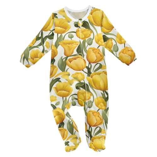 J JOYSAY Tulips Yellow Flowers Baby One-Piece Footies Cotton Newborn Footie Pajamas Romper One-Piece Footies for Baby Girl 9M