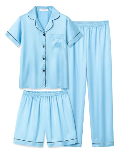 Satin Summer Pajamas for Big Girls Unisex Kids Silk Button Down Short Sleeve & Shorts PJS 3PCS Size 8-16