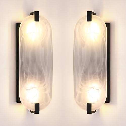 Image of 15.7 inch Art White Frosted Oval Glass Bathroom Modern Wall Sconce Fixture for Bedroom Hallway Bedside 2 Pack 2 Light Black Wall Sconce
