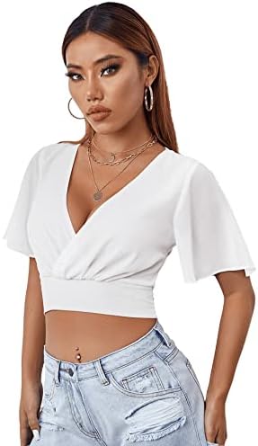 SheIn Womens's Casual Wrap V Neck Shirt Blouses Short Sleeve Shirred Crop  Tops, White, L: Buy Online at Best Price in Egypt - Souq is now Amazon.eg