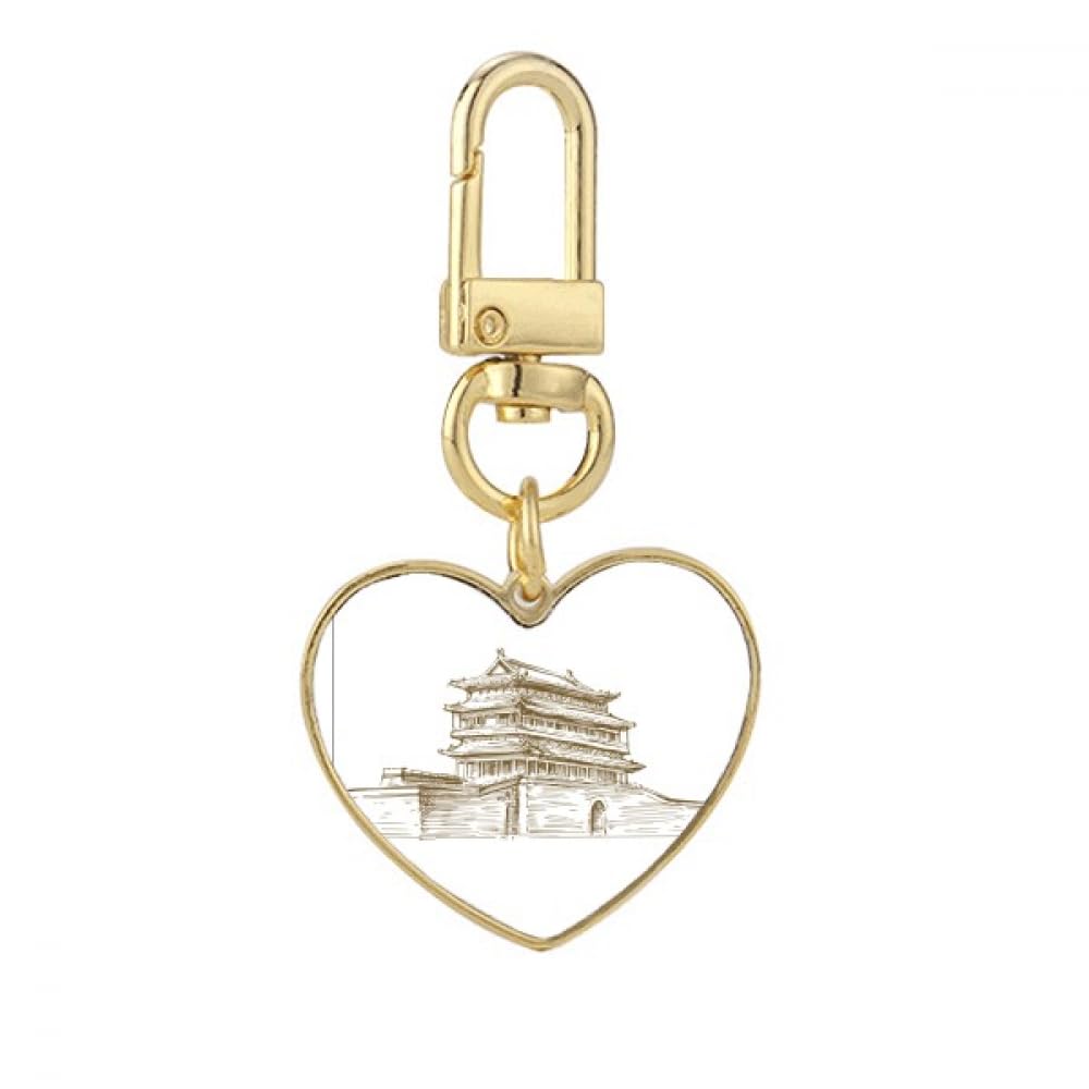 Beijing Landmark Sketch Gold Heart Keychain Metal Keyring Holder