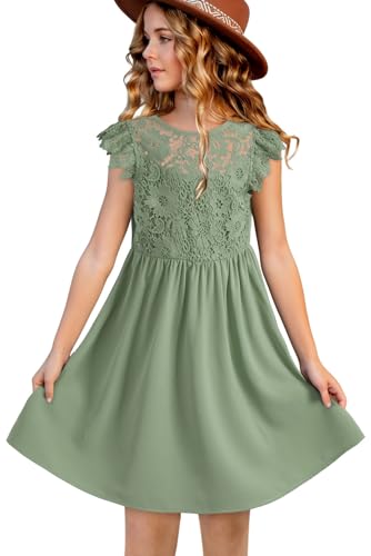 blibean Tween Girls Dress Summer Fashion Sleeveless Semi Formal Dresses Kids Solid Lace 2025 Midi Wedding Gust Bridesmaid Outfits Elegant Fancy Party Flare Clothes Size 12-13 Years Green
