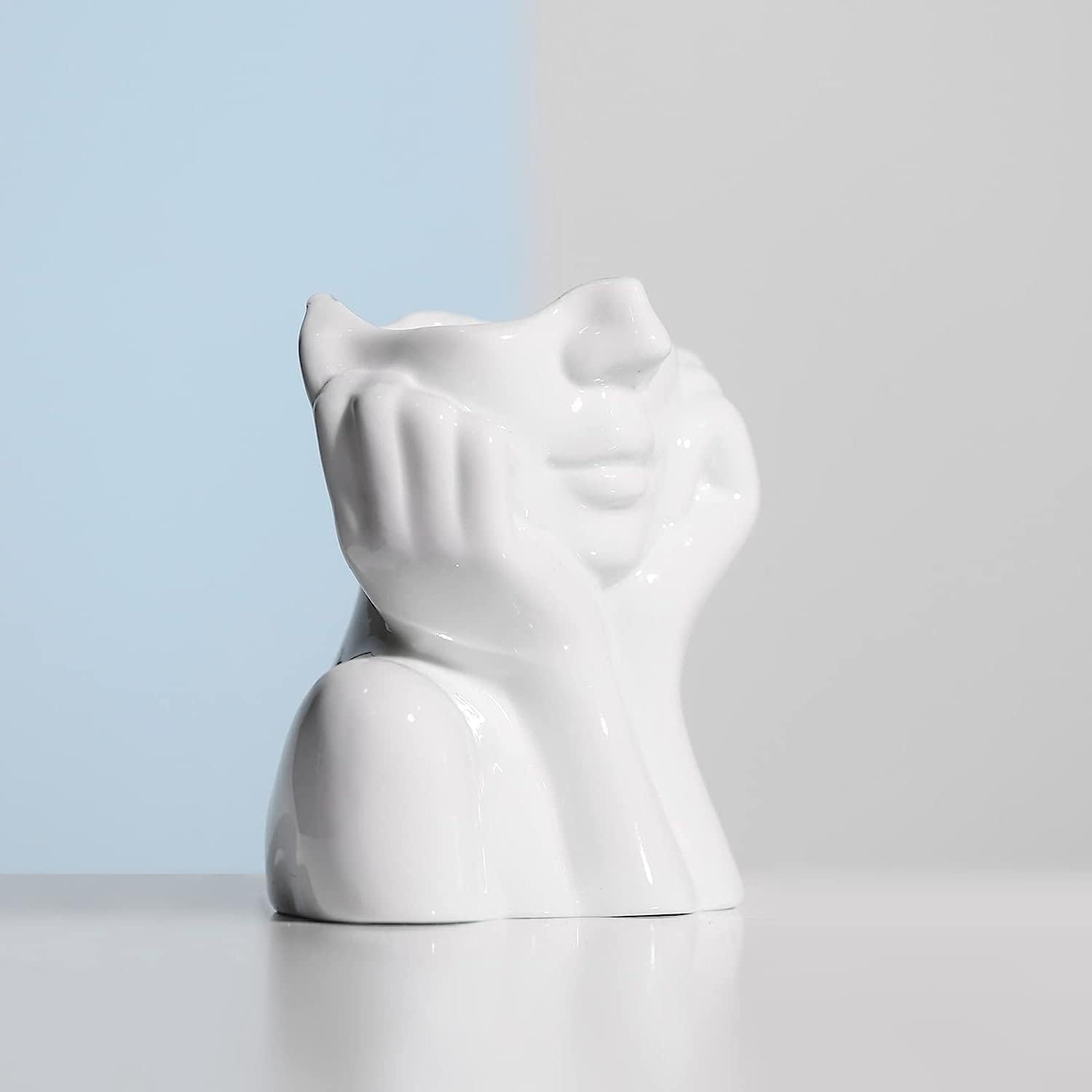 White Ceramic Face Vase - Minimalist Nordic Style Bust Vase for Modern Home Living Room Bookshelf Decor
