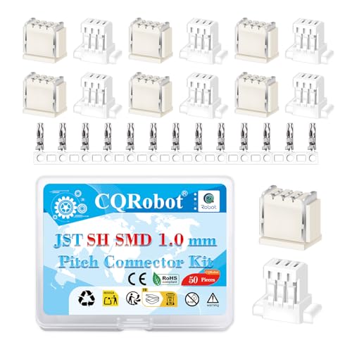 CQRobot JST SH SMD 1.0 mm Pitch 3-Pin Electronic Computer Connector IC Male Plugs, Female Sockets Housing and T-Shaped Crimp Terminal Kit. 50 Sets/250 Pieces Wire-to-Board Adapter Cable Assembly.