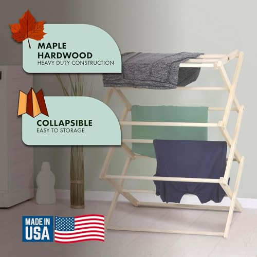 Image of Pennsylvania Woodworks Premium American Maple Clothes Drying Rack - Handcrafted in Pennsylvania - Solid Wood Construction, Collapsible, Eco-Friendly Laundry Solution (X-Large)