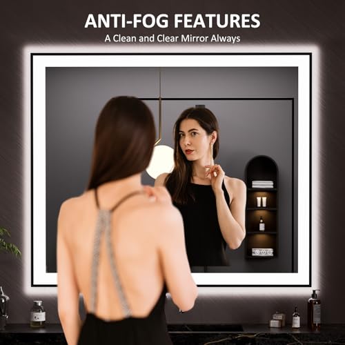 LOAAO 48"X40" LED Bathroom Mirror Black Framed, Anti-Fog, Dimmable, Lighted Bathroom Vanity Mirror for Wall, Memory Function, Tempered Glass