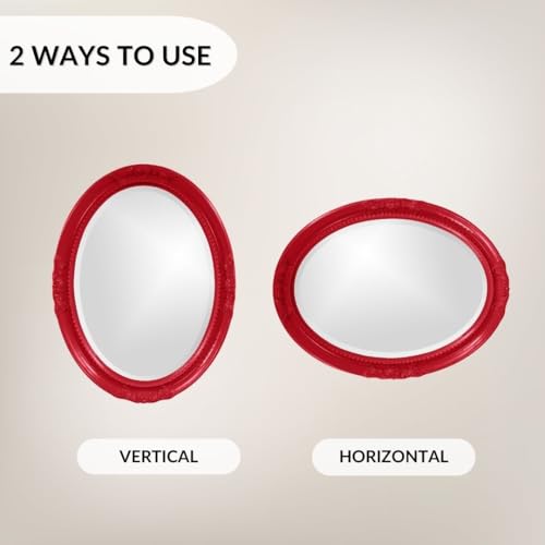 Image of Howard Elliott Collection Queen Ann Oval Glossy Red Wall Mirror, Oval Bevelled Hanging Wood Framed Vanity Mirrors for Home Decor, Living Room, Bathroom, Bedroom, or Hallway, 25 x 33 Inch
