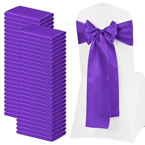 FXKS 100 Pack Purple Satin Chair Sashes, 7 x 108 Inch, Wedding Bows