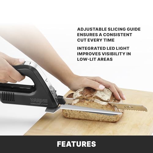 Waring Commercial WEK200 Cordless Rechargeable Electric Knife w/Bread and Carving Blades, Includes Case, 120V, 5-15 Phase Plug, Black