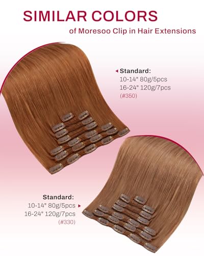 Image of Moresoo Clip in Hair Extensions Copper Orange Human Hair 14 inch 80g 5pcs | Human hair clip in extensions, vivid ginger copper finish, seamless clip ins, smooth straight style for daily thickness