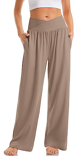 TARSE Womens Yoga Pants Wide Leg Comfy Loose Lounge Pajama Flowy Pants Pockets Casual Sweatpants (LightCoffee,L)