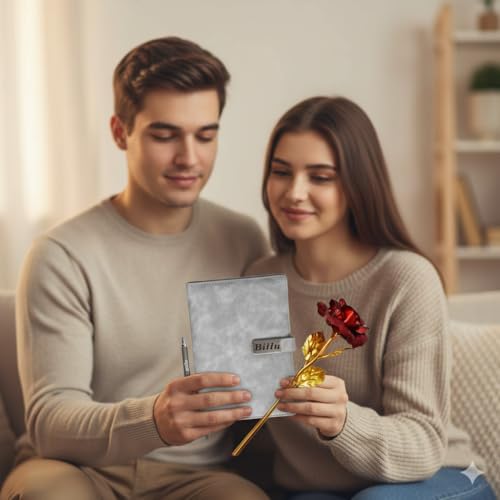 Image of Personalized Diary & Pen Gift Set with Name Engraving | Leather Diary Combo with Decorative Rose | Customizable Gift for Birthday, Anniversary, Valetine & Special Occasions (Grey)