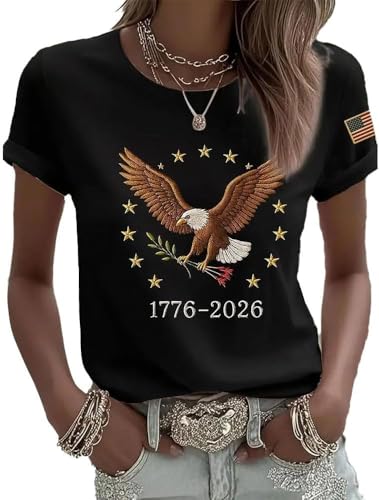 Women's America 250 Printed Casual T-Shirt United States 250Th Anniversary Patriotic Tee Tops (Black, S)