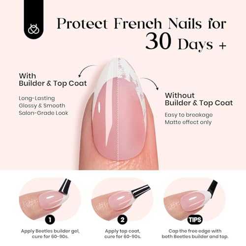 Image of Beetles French Tips Press On Nails: 224 Pcs Pink Short Almond Press On Nails, Reusable Acrylic Nail Tips Soft Nail Gel Tips False Nails Art DIY for Women,16 Sizes
