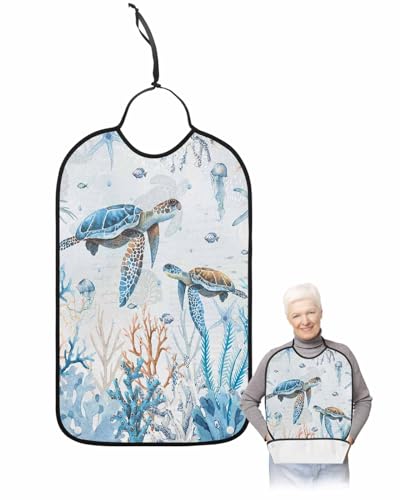 Ocean Coral Turtle Adult Bib for Adults Men,Women,Nautical Coastal Exotic Watercolor Starfish Washable & Adjustable Terry Cloth Bib with Crumb Catcher Reusable Clothing Clothes Protector Apron