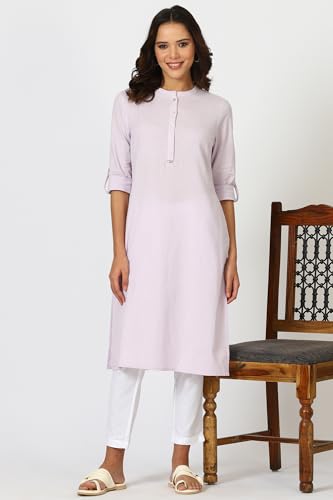 Image of W for Woman Lilac Mandarin Collar Cotton Blend Straight Kurta