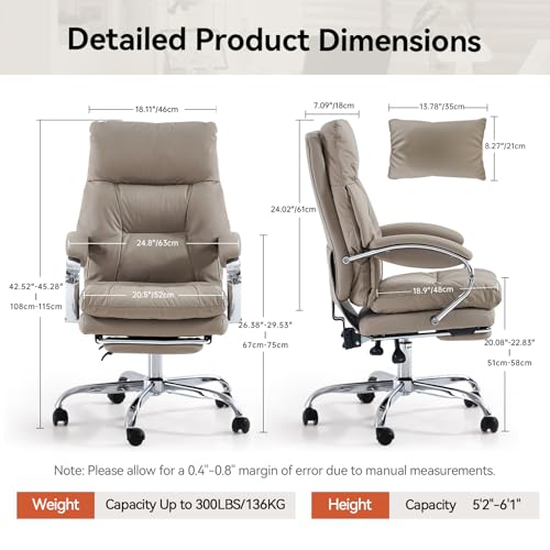 LEAGOO Home Office Desk Chairs with Foot Rest, Fully Reclining Ergonomic Executive Office Chair with Armrests, High Back PU Leather Comfy Swivel Computer Chair with Wheels and Lumbar Support, Khaki - Image 2