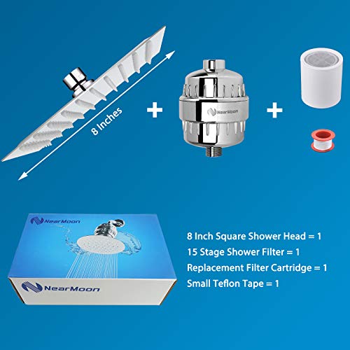Nearmoon Square Shower Head And 15 Stage Shower Filter Combo, High Pressure Filtered Showerhead For Hard Water, Improves The Condition Of Your Skin, Hair - 1 Replace Filter Cartridge (Chrome Finish) #TOP5