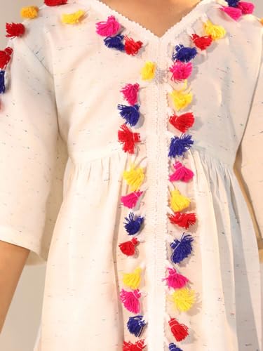 Image of VASTRAMAY Girl's Fit and Flare Knee Length Handcrafted Cotton Blend Flared Dress V-Neck with Colorful Tassel Lace Perfect for Festive Outfit