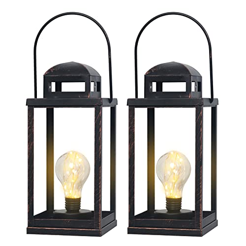 Needomo Large Candle Lantern Decorative, 2 Pack 14" Square Metal Vintage Outdoor Lanterns With Timer, Black Battery Powered Table Lamp For Patio, Front Porch, Wedding, Shelf, Farmhouse Decor(No Glass) #TOP16