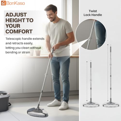 Image of BonKaso Turbo Spin Mop with Bucket Set, 360 Degree Microfiber Floor Cleaning Mop and Pocha, Stainless Steel Wringer, Adjustable Steel Handle, Big Wheels and Drain Valve for Tiles and Marble
