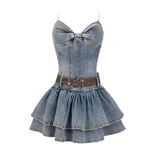 Women Denim Dresses Shoulder Ruffles Solid V-Neck Dress Casual High Fluffy Skirt