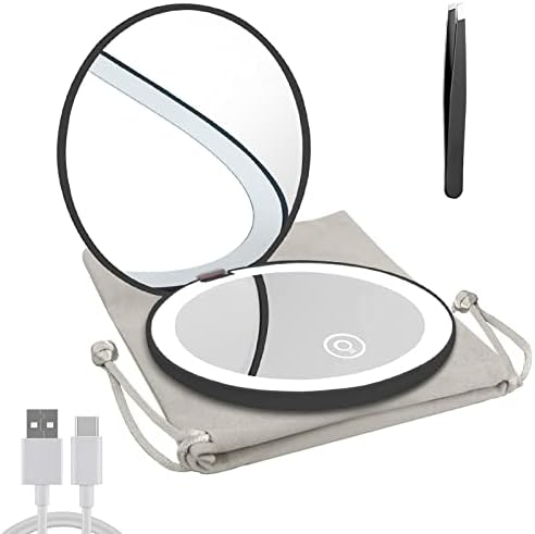 Compact Mirror with LED Light,1x/10x Magnifying Rechargeable Mirror,3.5in, Dimmable Travel Mirror for Purse,Pocket,Handheld 2-Sided Makeup Mirror