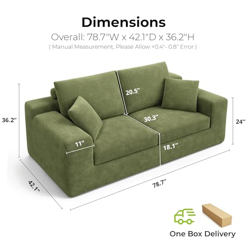 Image of LIKIMIO NovaBlock 78 inch Loveseat Sofa in a Box, Modern Deep Seat Cloud Boneless Couch, No Assembly Required, Upholstered Corduroy Sofa for Living Room, Apartment & Home Office, Olive Green