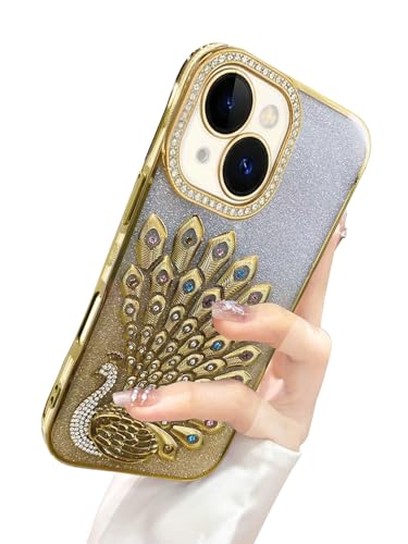 Image of mobistyle Designed for iPhone 15 Plus,3D Diamond Luxury Electroplate Glitter Peacock Tail Bling Design Camera Protection Shockproof Phone Back Cover Case for (Gold, iPhone 15 Plus)