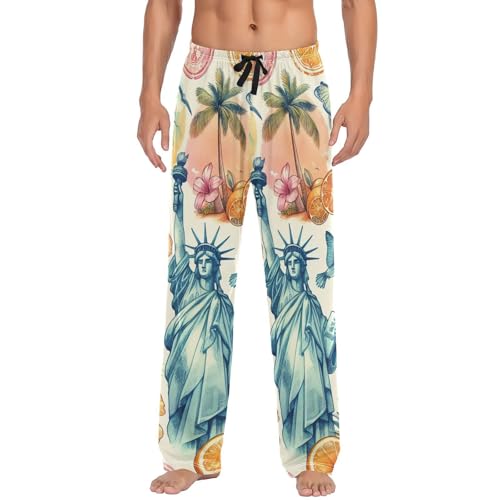 Men's Pajama Pants Tropical Flowers City Beach Sleep Pajama Lounge Pant with Pockets, Elastic Waistband