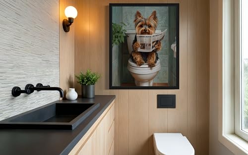 Image of Yorkshire Terrier on Toilet Black Framed Wall Art Print Poster, Dog Bathroom Humor Decor Posters Prints for Restroom Home Picture Painting Artwork Gallery 7 (Yorkshire Terrier, 14 inchL x 11 inchW, Black Frame)