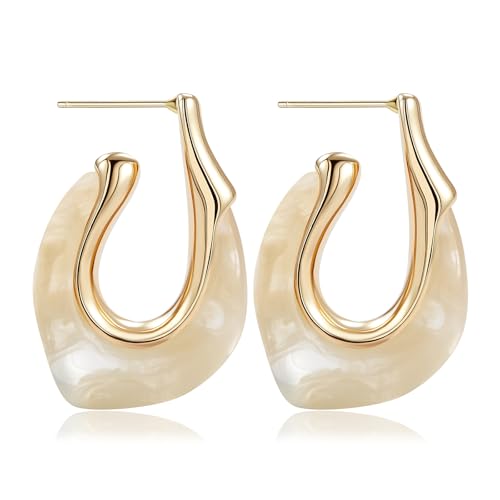 Resin Huggie Hoop Earrings Chunky Statement Vintage Earrings Cute Summer Acrylic Drop Earring Unique Trendy Jewelry Gifts for Women(White)
