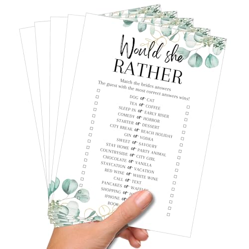 Would She Rather Hen Party Game – Fun Bridal Shower Quiz Card for Bride to Be – Eucalyptus Design A5 Wedding Game – Party Icebreaker Keepsake – Sets of 5–30 (5 Pack for 5 Hens) Would She Rather Hen Party Game – Fun Bridal Shower Quiz Card for Bride to Be – Eucalyptus Design A5 Wedding Game – Party Icebreaker Keepsake – Sets of 5–30 (5 Pack for 5 Hens)