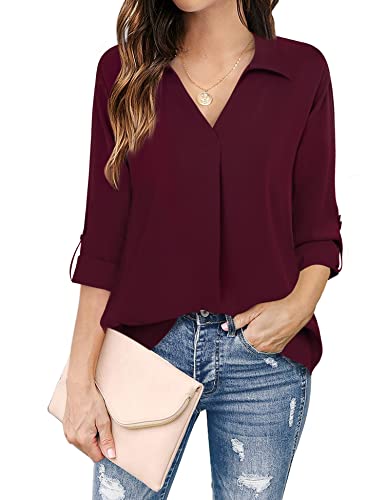 Youtalia Women Tunic Blouses For Work, Juniors Pleated Shirts Roll Sleeve V Neck Formal Professional Blouse Casual Work Blouses Relaxed Fit Chiffon Shirts Collared Tops Dark Red,Xx-Large #TOP1