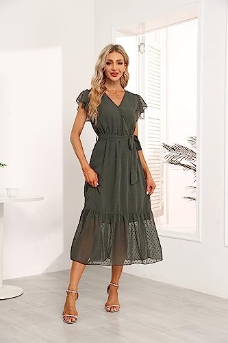 Image of VintageClothing Womens Sundress Casual Floral Summer Boho Dress | Flowy Wrap V Neck Ruffle A-Line Pleated Hem Midi Dresses