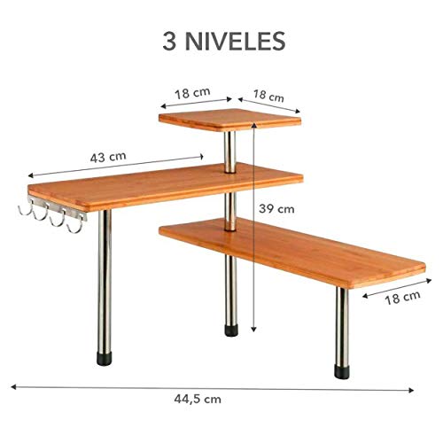 Bakaji - Estantería esquinera para Cocina, 3 estantes, Madera de bambú, Estructura de Acero, Mueble esquinero, portaobjetos con Ganchos - imagen 3
