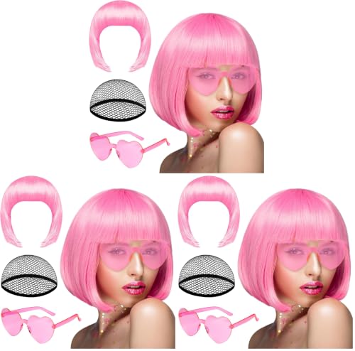 Image of PLULON Pink-Color Short Bob Wig and Sunglass Set, Neon Short Bob Wig Sunglass Pack Costume Colorful Cosplay Wig Hairpieces for Bachelorette Neon Party Favors, Halloween Decorations (Pack of 3)