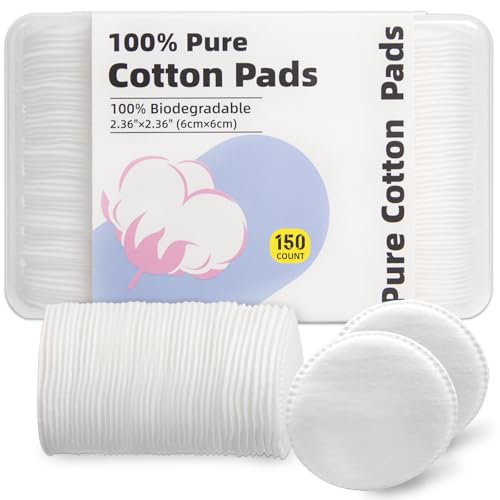 Boxed 100% Cotton Rounds for Face (150), Dual-Texture, Soft, Lint-Free Makeup Remover Pads, Hypoallergenic, Highly Absorbent