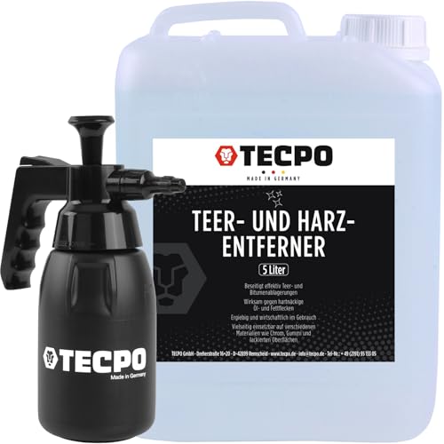 TECPO Solvente per catrame e resina, 5 litri di colla per rimuovere il catrame bitume, solvente per grasso in resina con flacone spray, 1 litro