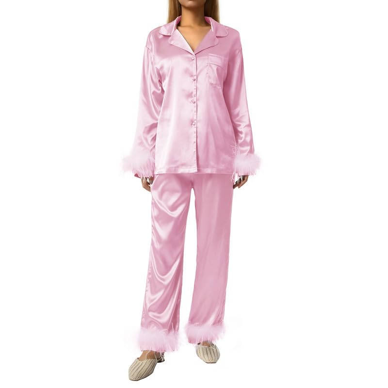 NUFIWI Women 2 Pieces Satin Pajamas Sets Solid Feather Trim Long Sleeve Button Down Shirt Pants 2Pcs Xmas Loungewear2