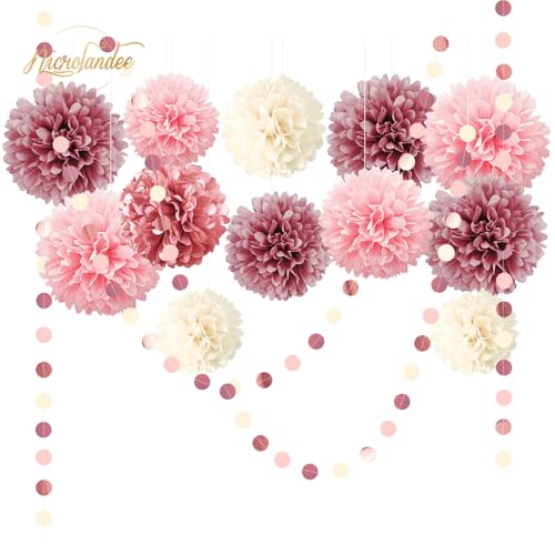 NICROLANDEE Seidenpapier Pompons Deko 15 Stück Altrosa Tissue Papier Pom Poms und Dots Papier Girlande Party Dekorationen für Hochzeit Babyparty Deko Abschlussball Geburtstag Gartenparty deko