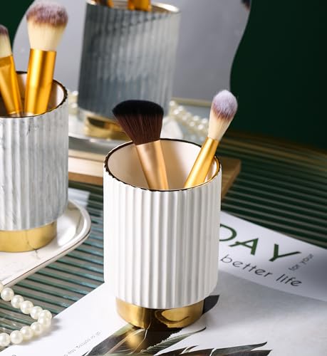 IEEK Makeup Brush holder Organizer,Glass Cosmetic Makeup Brush Cup Ceramics Brushes Storage Holder,White and Gold Modern Make Up Brush Cup Pen Pencil Holder Striped Vase IEEK Makeup Brush holder Organizer,Glass Cosmetic Makeup Brush Cup Ceramics Brushes Storage Holder,White and Gold Modern Make Up Brush Cup Pen Pencil Holder Striped Vase