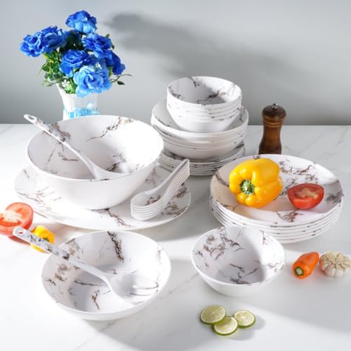 Royal Swiss Service de table en mélamine 34 pièces pour 4 personnes – Incassable, passe au lave-vaisselle et léger – Idéal pour la maison, le jardin,...