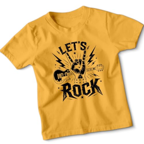 Image of Kids Let's Rock T Shirt Rockstar Day Boys and Girls Tee Childrens Guitar Band Rock N Roll School Top 3-4 Years Sunflower