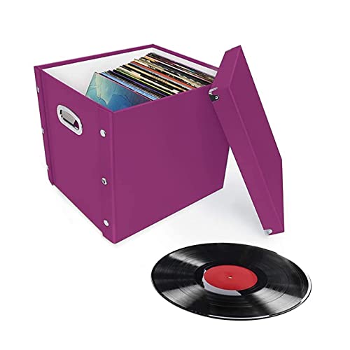 Image of Snap-N-Store Vinyl Record Storage Box - 12 inch - 1 Pack- Crate Holds up to 75 Vinyl Albums - Berry | Collapsible LP holder with lid, snaps together for easy assembly, stylish record organizer for shelf display