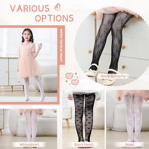 Image of Zando Girls Lace Tights Heart Butterfly Rose Patterned Fishnet Stockings for Toddler Girl Hollow Pantyhose 1T-12 Years
