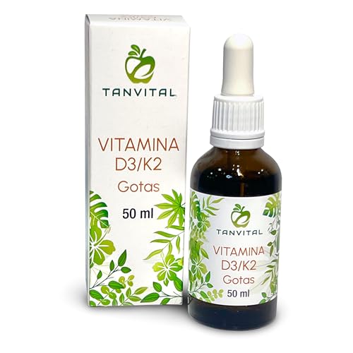 Tanvital Vitamina D3 + K2 en gotas, 50 ml, 1700 gotas, vitamina D3 colecalciferol + vitamina K2 menaquinona-7 (MK7), alta biodisponibilidad y sin aditivos, con gotero para fácil dosificación.