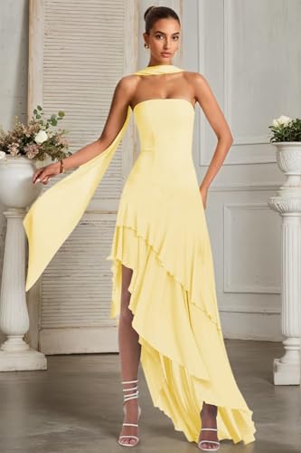 Strapless Bridesmaid Dresses with Scarf 2025 Chiffon Ruffle Prom Dress Long Formal Wedding Guest Dress3